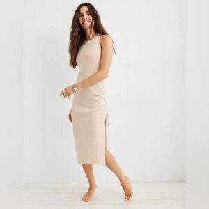 NWT Aerie Beige Ruched Rib Midi Dress Sz. M
